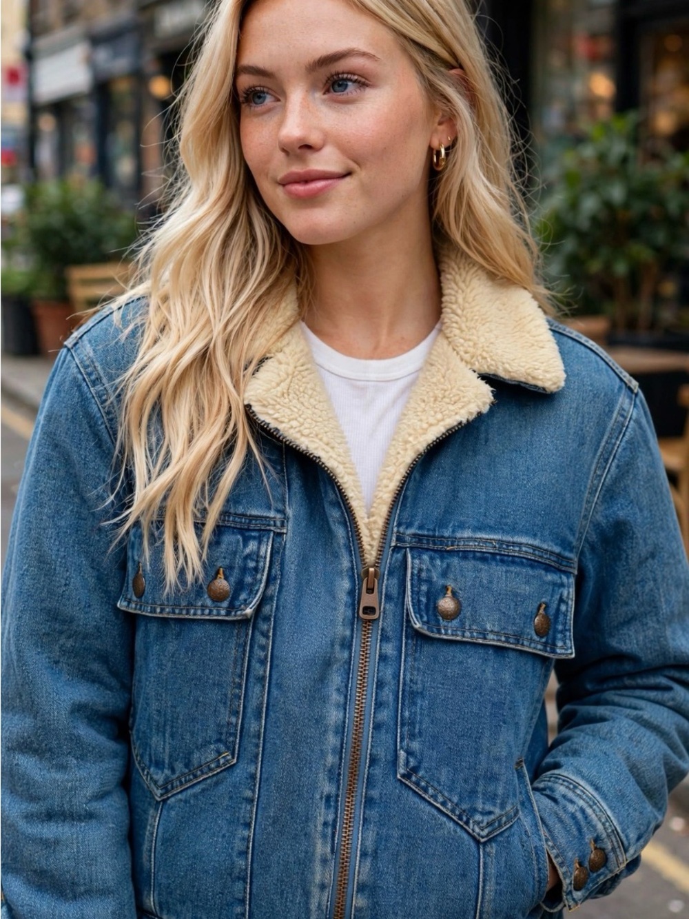 Denim BLVD Los Angeles Sherpa Lined Denim Jacket - Zip front Trucker Jacket 70s